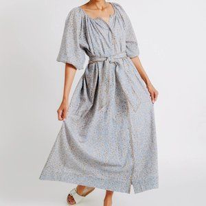 Light Blue Floral Maxi Dress with Tie Waist and Long Sleeves